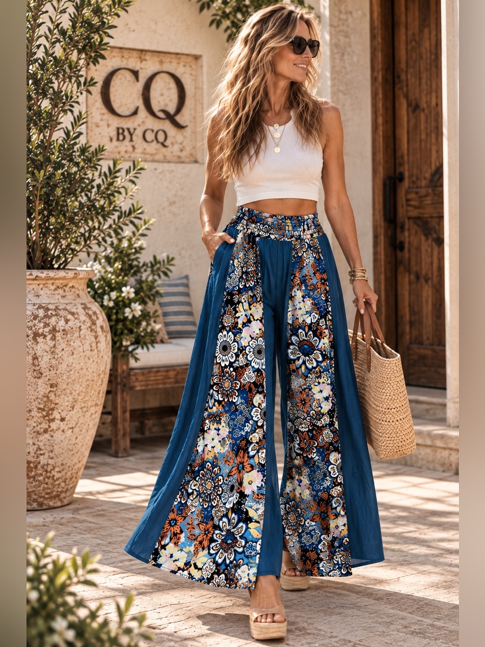 CQ by CQ Convertible Boho Palazzo Pants Strapless Dress Resort Floral Size Med.